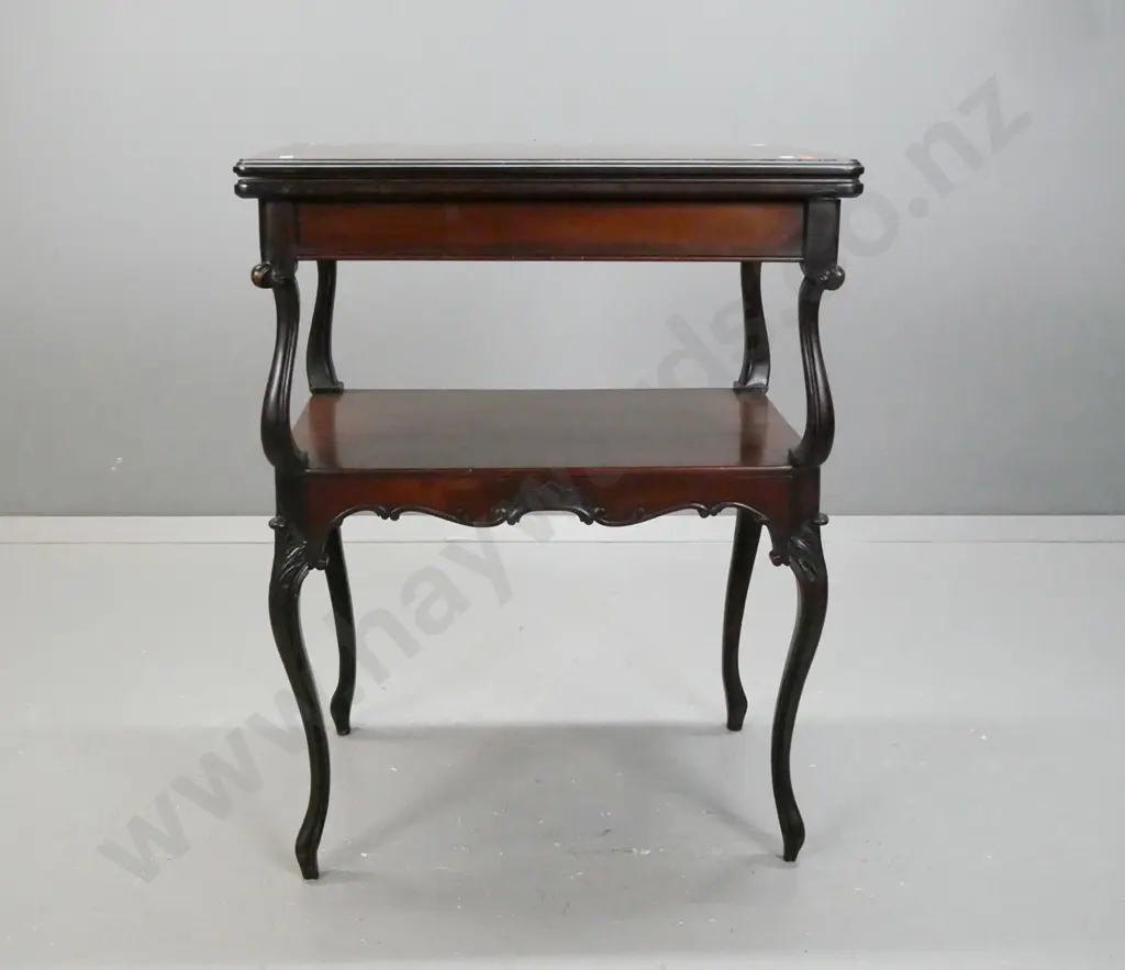 vintage mahogany 2-tiered games table with fold-out top, gold-tooled leather and felt top insert, shaped cab legs and Image 1++