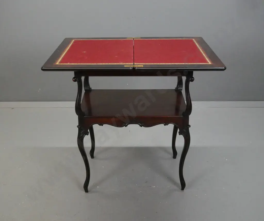 vintage mahogany 2-tiered games table with fold-out top, gold-tooled leather and felt top insert, shaped cab legs and Image 1++