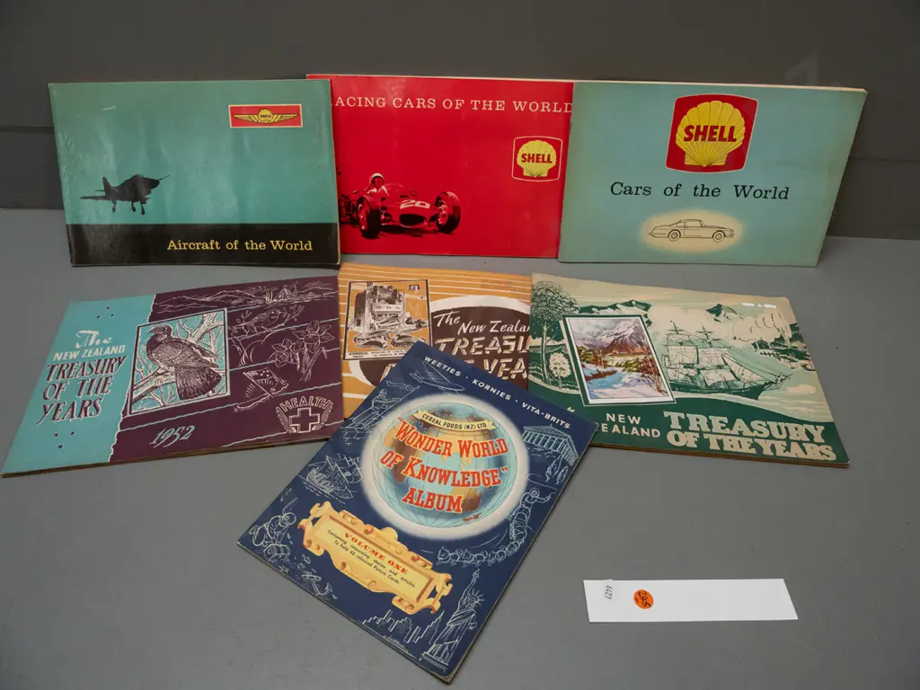 7 collector card albums - Shell Cars, Aircraft and Racing Cars of the World, New Zealand Treasury of the Years x 3 and Image 1++