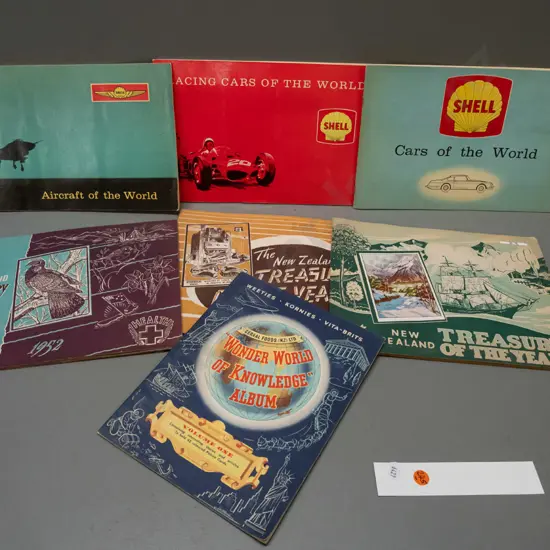 7 collector card albums - Shell Cars, Aircraft and Racing Cars of the World, New Zealand Treasury of the Years x 3 and