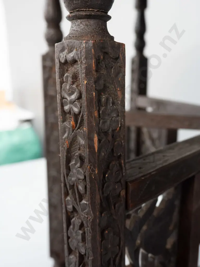 brass tray table with folding 6-legged hardwood base - hinged legs with carved and pierced decoration, etched brass tray Image 1++