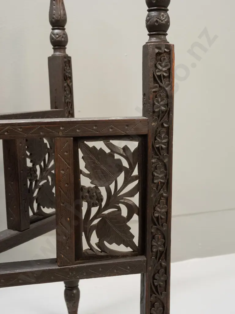 brass tray table with folding 6-legged hardwood base - hinged legs with carved and pierced decoration, etched brass tray Image 1++