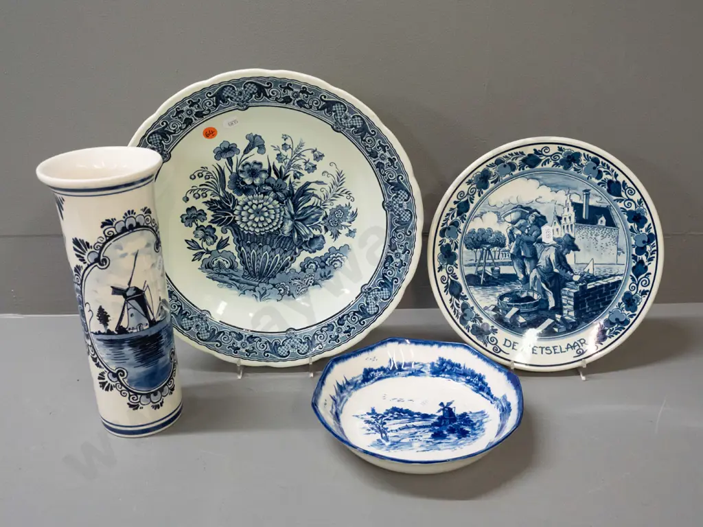 4 pieces blue and white ware - 3 Delft, one Doulton Norfolk - 2 Delft plates with wall hangers on back, tall cylindrical Image 1++
