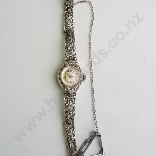 marcasite watch with safety chain