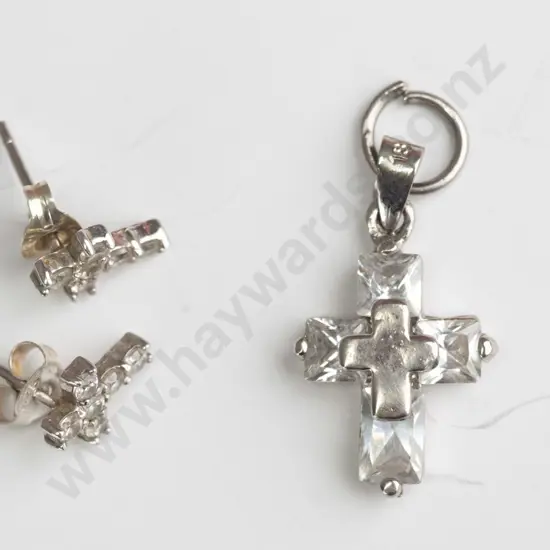 silver cross & earrings with czs stamped 925