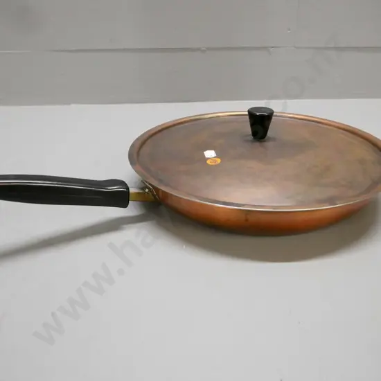 Swiss lidded copper pan w/ white metal interior, plastic-covered metal handle, light signs of use L-470
