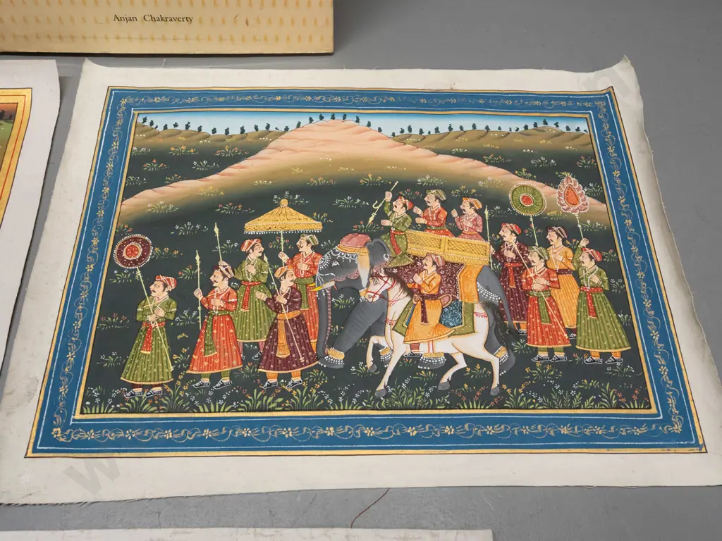 3 Indian paintings on fine fabric and a book on Indian miniature painting - one painting has some paint wear. Largest Image 1++