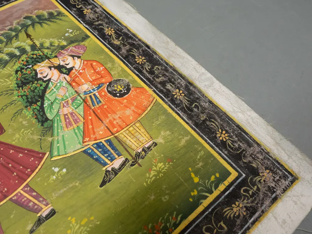 3 Indian paintings on fine fabric and a book on Indian miniature painting - one painting has some paint wear. Largest Image 1++