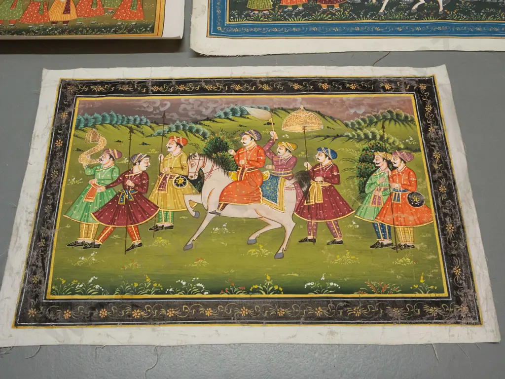 3 Indian paintings on fine fabric and a book on Indian miniature painting - one painting has some paint wear. Largest Image 1++