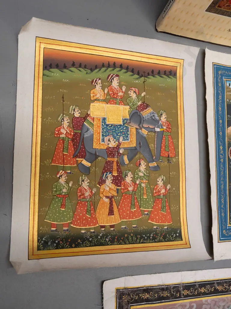 3 Indian paintings on fine fabric and a book on Indian miniature painting - one painting has some paint wear. Largest Image 1++