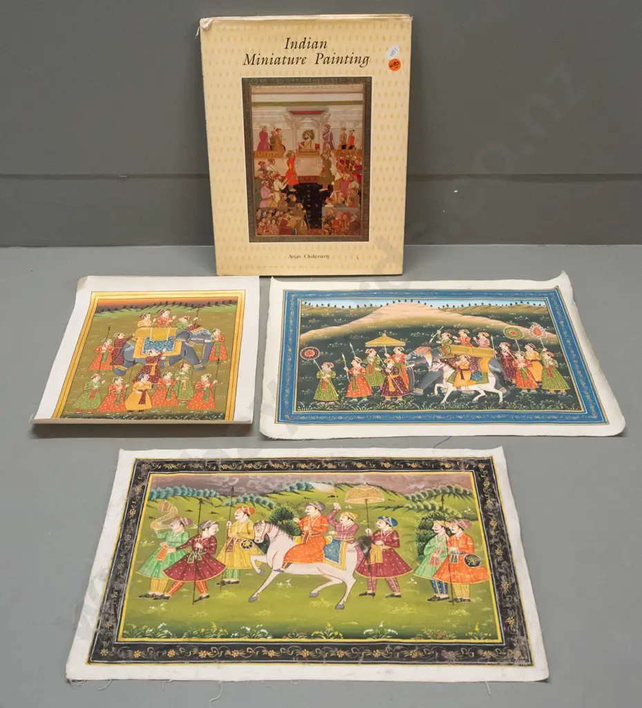 3 Indian paintings on fine fabric and a book on Indian miniature painting - one painting has some paint wear. Largest Image 1++
