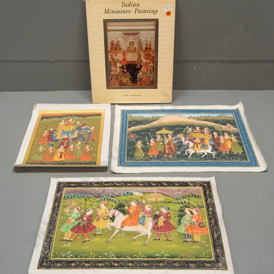 3 Indian paintings on fine fabric and a book on Indian miniature painting - one painting has some paint wear. Largest