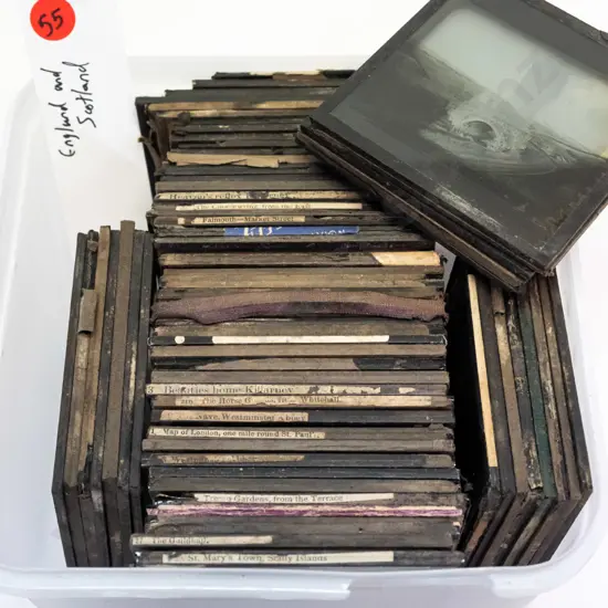 65 vintage glass lantern slides - scenic and city views, mostly Scotland and highlands, some England. Varying conditions