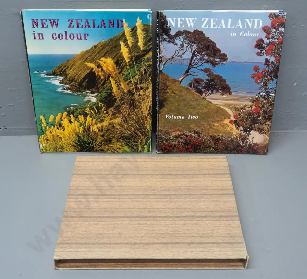 New Zealand in Colour, Volumes 1 & 2, Kenneth and Jean Bigwood, text by James K Baxter (vol 1) & John Pascoe (vol 2) in Image 1++