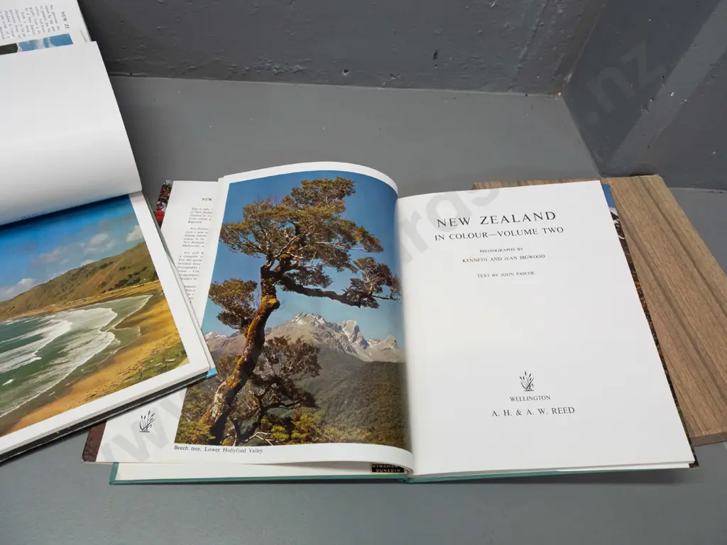 New Zealand in Colour, Volumes 1 & 2, Kenneth and Jean Bigwood, text by James K Baxter (vol 1) & John Pascoe (vol 2) in Image 1++