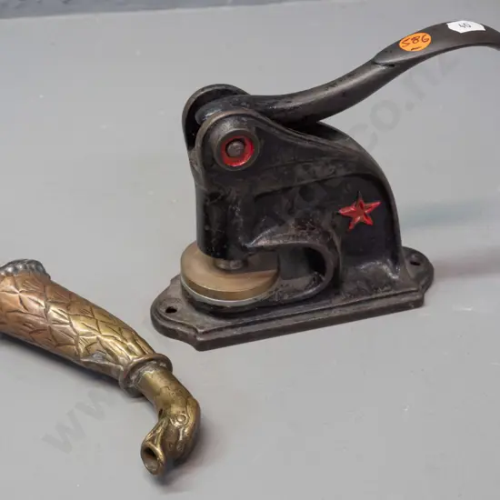 vintage seal embossing press H-250 with Mace Development Corporation seal and an unusual brass duck's head attachment
