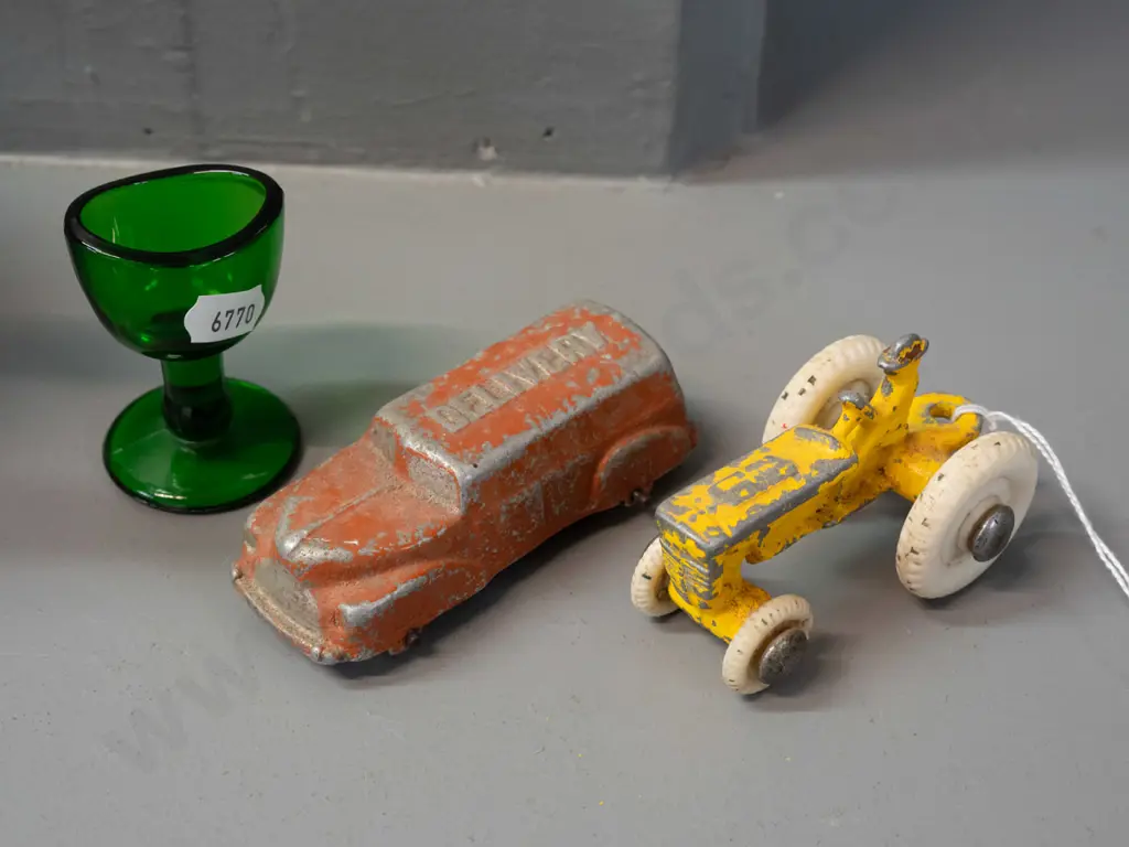 2x vintage Fun Ho vehicles & green glass eye wash cup marked 'Made in England' [vehicles: wear to paint, remnant Fun Ho Image 1++