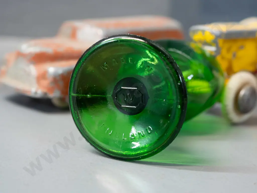 2x vintage Fun Ho vehicles & green glass eye wash cup marked 'Made in England' [vehicles: wear to paint, remnant Fun Ho Image 1++