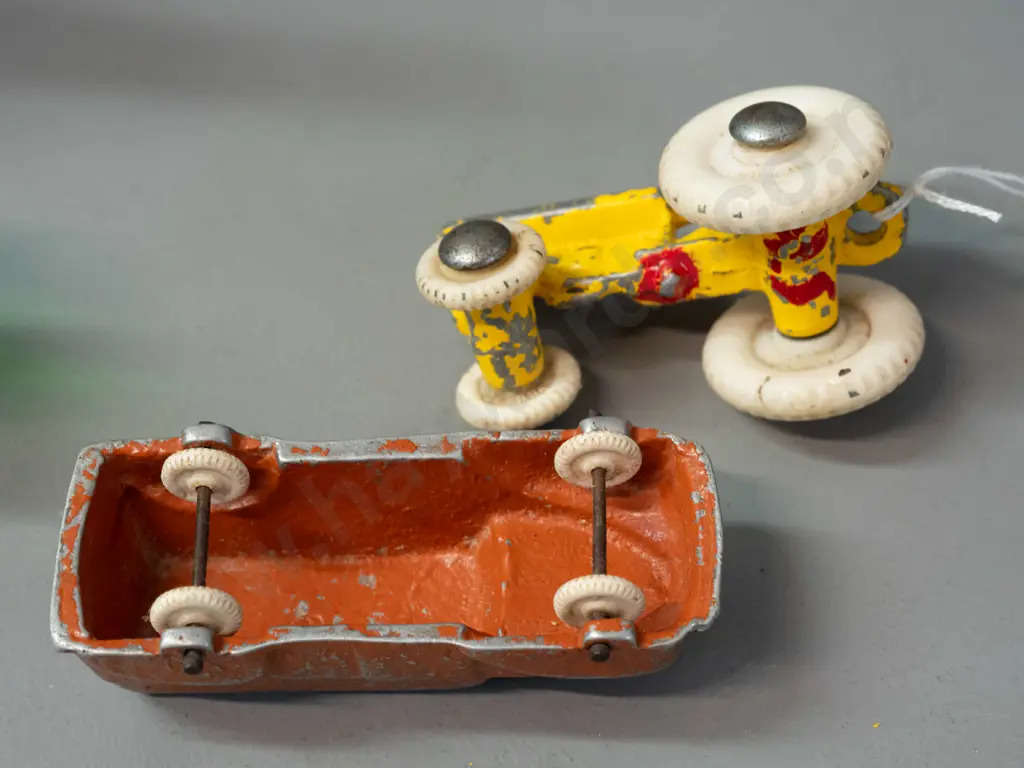 2x vintage Fun Ho vehicles & green glass eye wash cup marked 'Made in England' [vehicles: wear to paint, remnant Fun Ho Image 1++