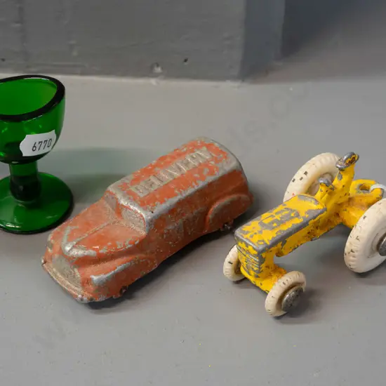 2x vintage Fun Ho vehicles & green glass eye wash cup marked 'Made in England' [vehicles: wear to paint, remnant Fun Ho