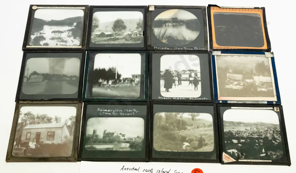 12 vintage glass lantern slides - north island & some unknown locations, Great Barrier Island, Ohinemutu, etc. Varying Image 1++