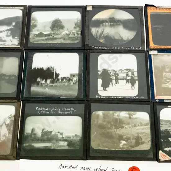 12 vintage glass lantern slides - north island & some unknown locations, Great Barrier Island, Ohinemutu, etc. Varying