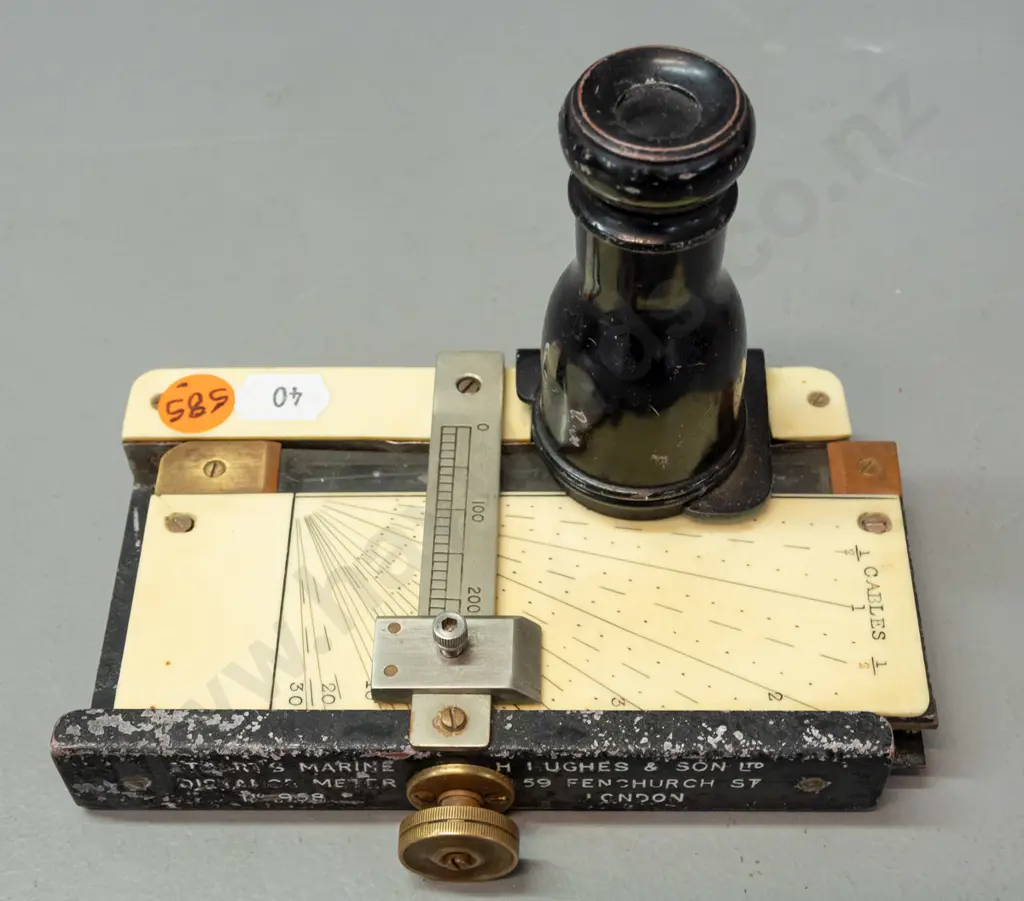 vintage H. Hughes & Son marine distance meter with geared sliding mechanism, viewing lens - cracked glass panel, overall Image 1++