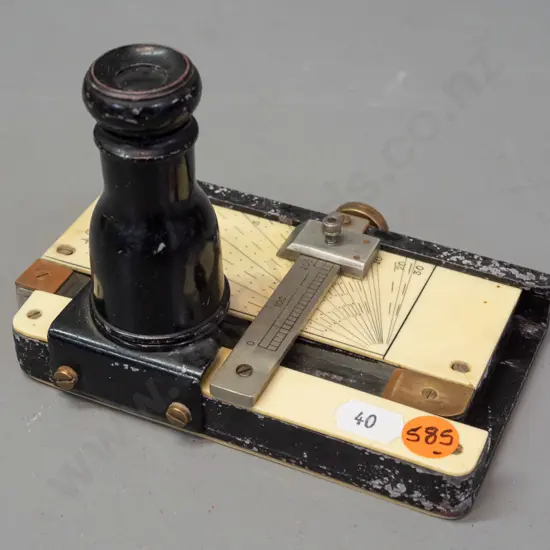 vintage H. Hughes & Son marine distance meter with geared sliding mechanism, viewing lens - cracked glass panel, overall