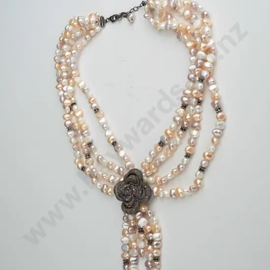 4 strand pearl choker necklace with flower - clasp stamped 925