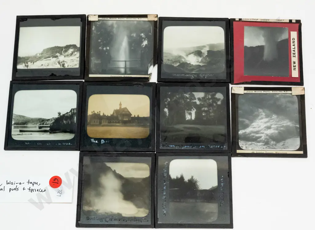 10 vintage glass lantern slides - Rotorua, Wai-o-tapu, thermal pools & terraces etc. Varying conditions, w/ Image 1++