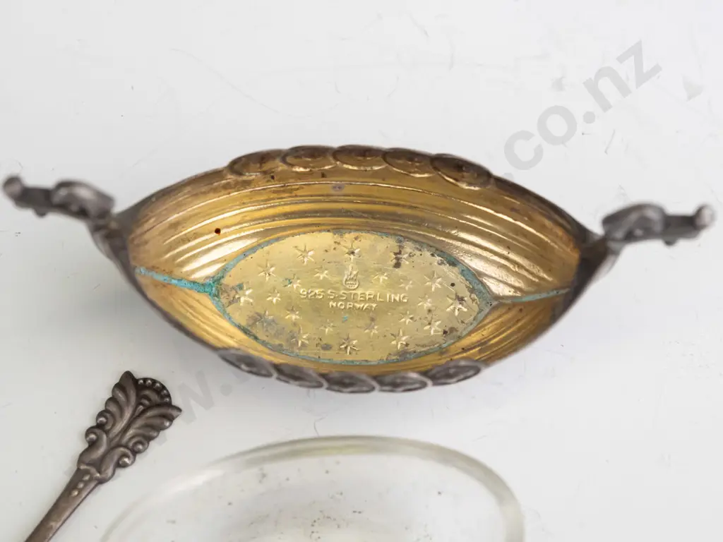 small sterling silver Viking ship open salt or condiment with spoon and glass liner, stamped 925 sterling Norway Image 1++