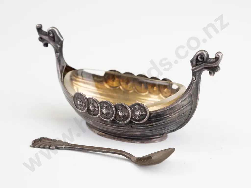 small sterling silver Viking ship open salt or condiment with spoon and glass liner, stamped 925 sterling Norway Image 1++