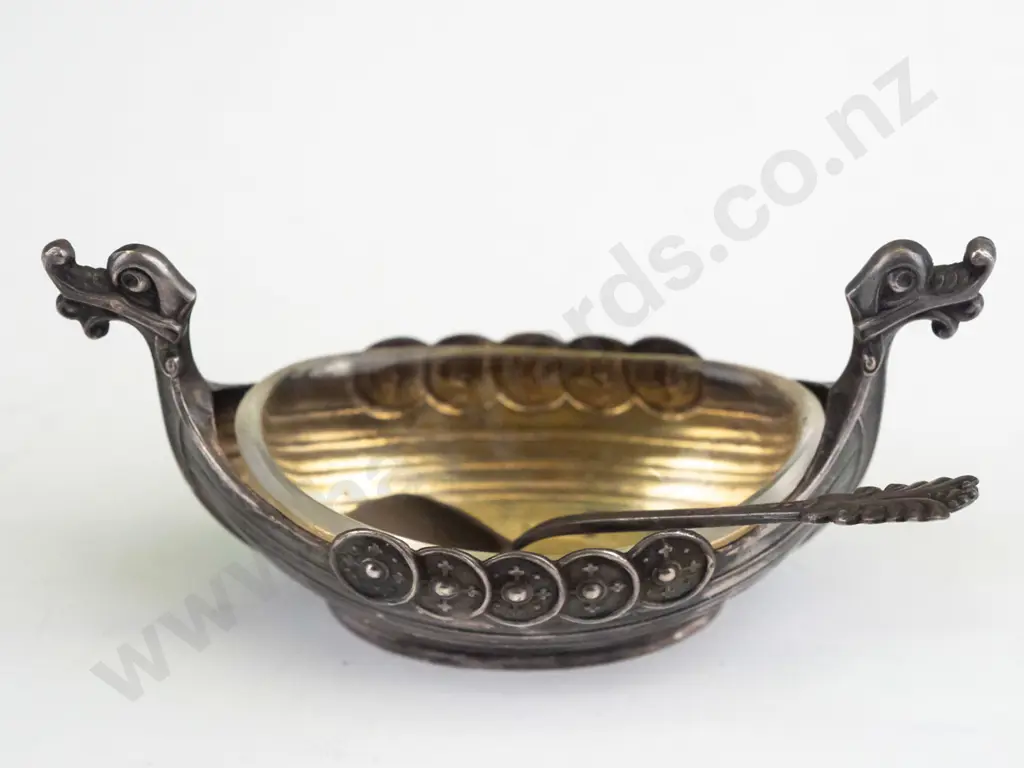 small sterling silver Viking ship open salt or condiment with spoon and glass liner, stamped 925 sterling Norway Image 1++