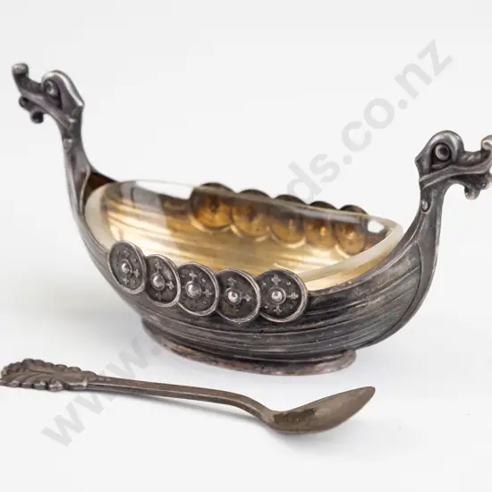 small sterling silver Viking ship open salt or condiment with spoon and glass liner, stamped 925 sterling Norway