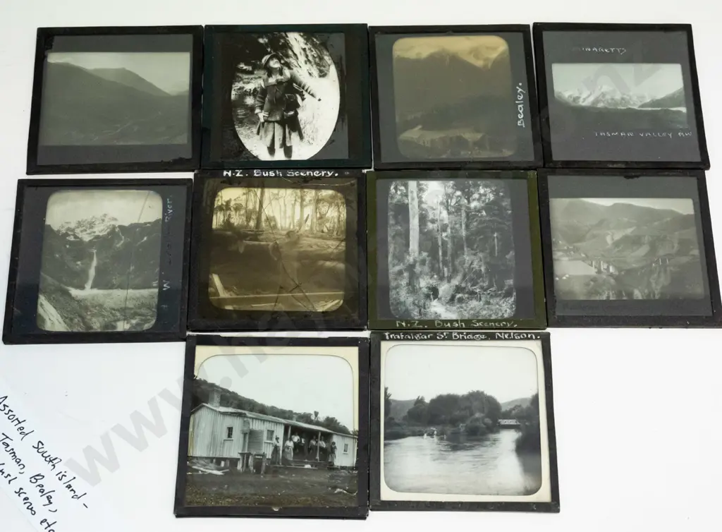 12 vintage glass lantern slides - south island locations, Nelson, Tasman, "Otiri", Bealey, bush scenes etc. Image 1++