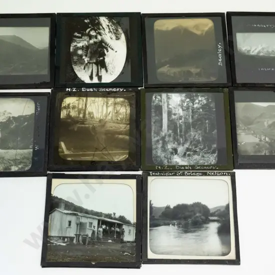 12 vintage glass lantern slides - south island locations, Nelson, Tasman, "Otiri", Bealey, bush scenes etc.