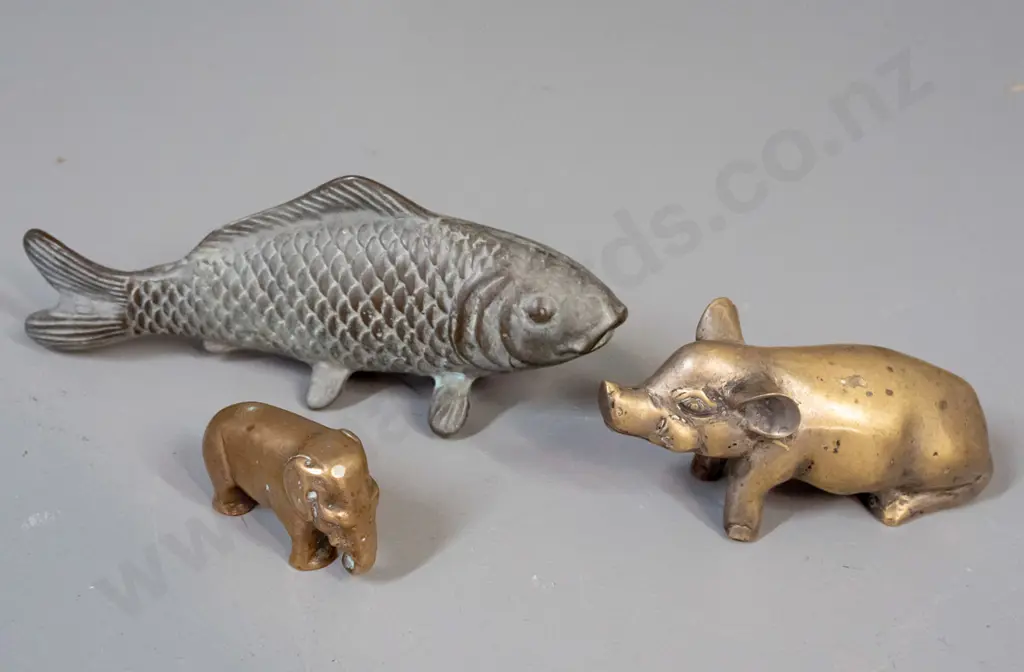 cast metal carp H-65 L-160 & pig and a small brass elephant Image 1++