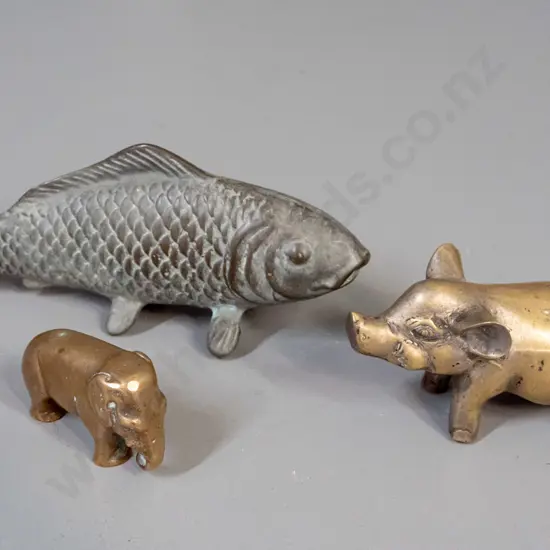 cast metal carp H-65 L-160 & pig and a small brass elephant