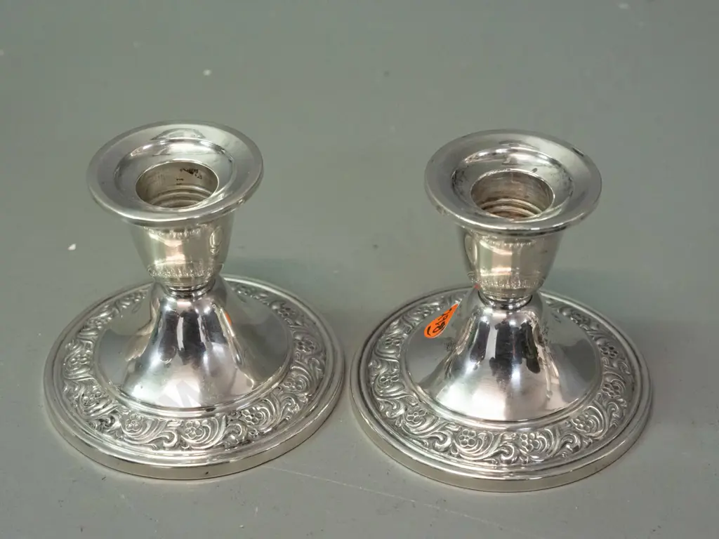 pair of "Alvin Sterling" silver candlesticks - silver over concrete filled base, some denting H-80 D-90 Image 1++