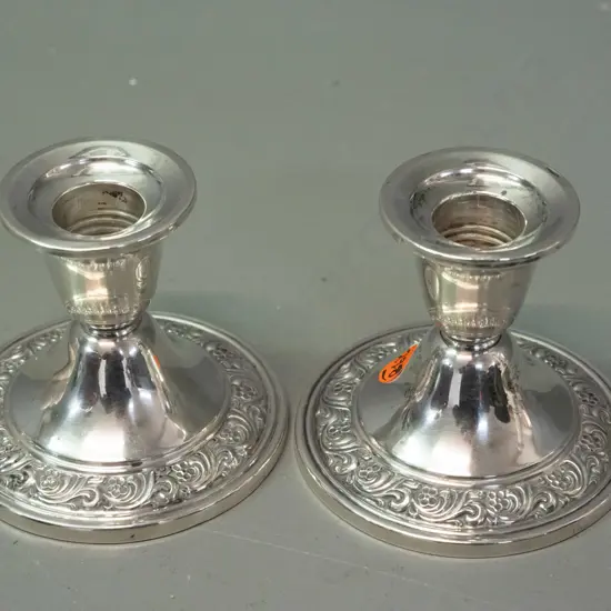 pair of "Alvin Sterling" silver candlesticks - silver over concrete filled base, some denting H-80 D-90