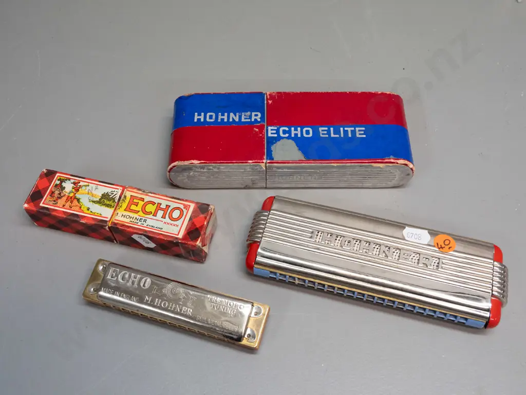 2 vintage Hohner harmonicas in cardboard boxes - large German Echo Elite L-180 W-60 and smaller English Echo - end piece Image 1++