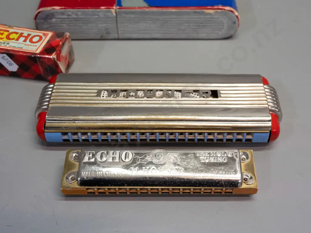 2 vintage Hohner harmonicas in cardboard boxes - large German Echo Elite L-180 W-60 and smaller English Echo - end piece Image 1++