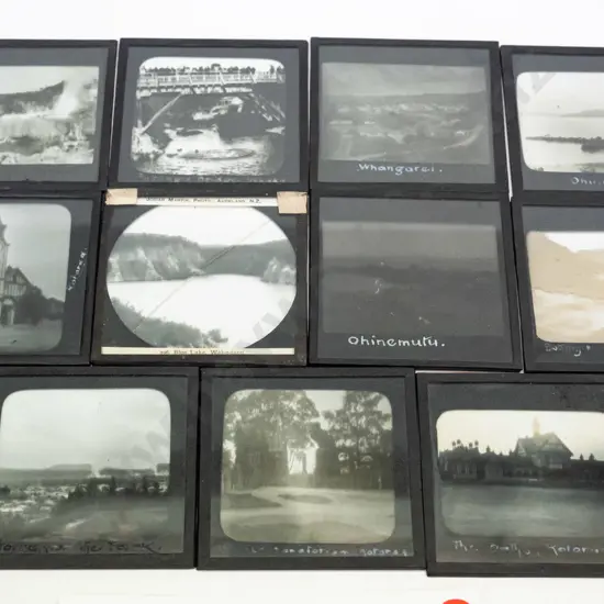 11 vintage glass lantern slides - Rotorua, Ohinemutu, Whaka, Blue Lake, etc. Varying conditions, w/