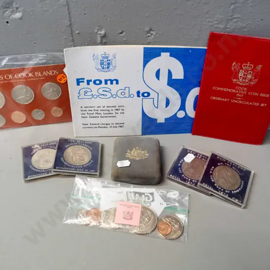 assorted NZ, Australia and Cook Islands coins - 2 each of 1967 & 1970 NZ dollars, 1973 Cook Islands, cased 1984