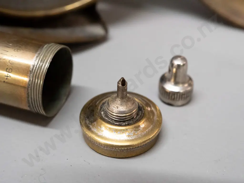 vintage brass bicycle tyre repair kit case with threaded top - marked Vimoid / Boston Woven Hose & Rubber Co. H-100 Image 1++