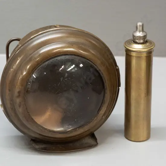 vintage brass bicycle tyre repair kit case with threaded top - marked Vimoid / Boston Woven Hose & Rubber Co. H-100