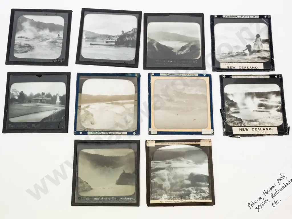 10 vintage glass lantern slides - Rotorua, Rotomahana, geysers, thermal pools, etc. Varying conditions, w/ Image 1++