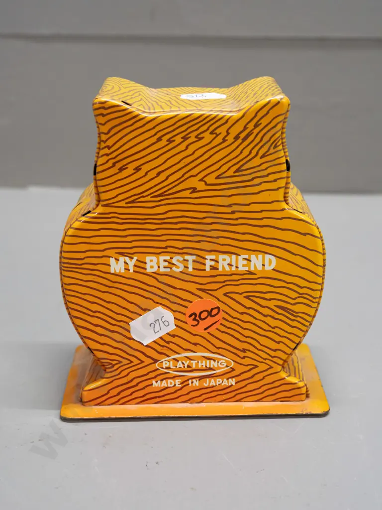 small tin toy owl money box with moving eyes and clock face - marked "My Best Friend" and Plaything, Made in Japan - Image 1++