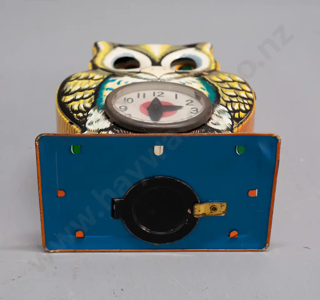 small tin toy owl money box with moving eyes and clock face - marked "My Best Friend" and Plaything, Made in Japan - Image 1++