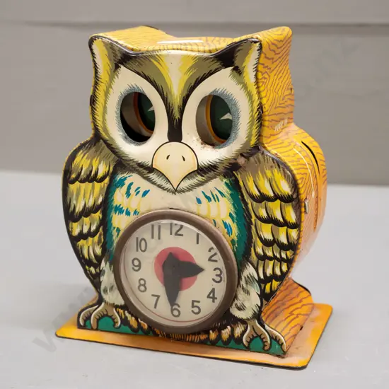 small tin toy owl money box with moving eyes and clock face - marked "My Best Friend" and Plaything, Made in Japan -